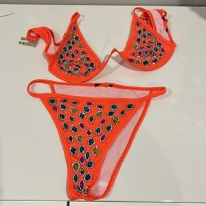 Orange swimsuit bikini size small with colorful stones